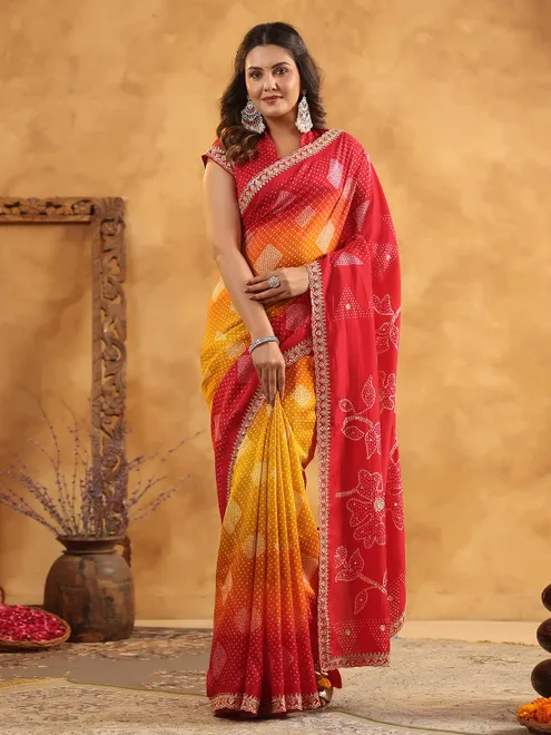 Red printed silk saree for wedding celebrations