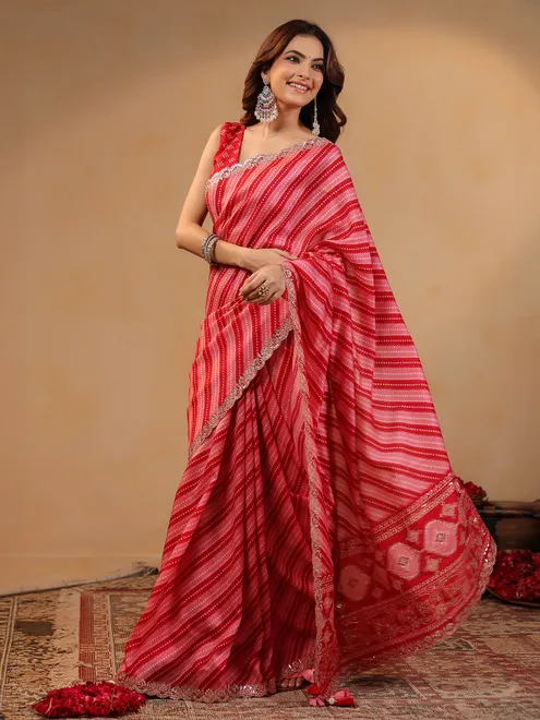 Red printed silk saree with gota work