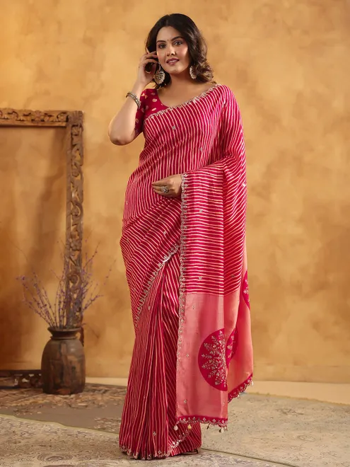 Red printed silk saree with resham and cutdana work