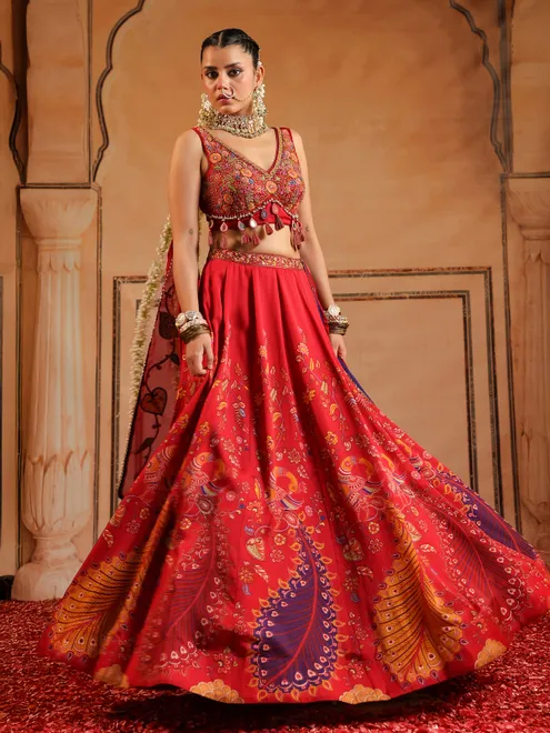 Red printed wedding wear lehenga choli