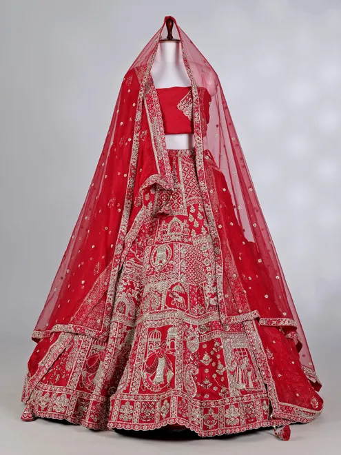 Red raw silk bridal lehenga choli with double dupatta