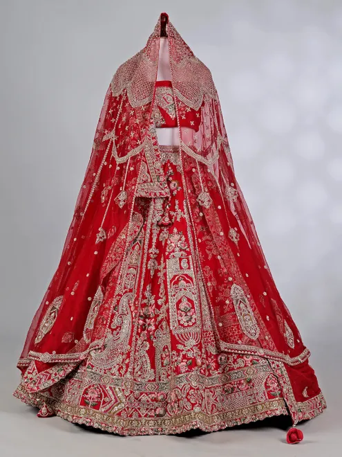 Red raw silk bridal lehenga choli with dual dupatta