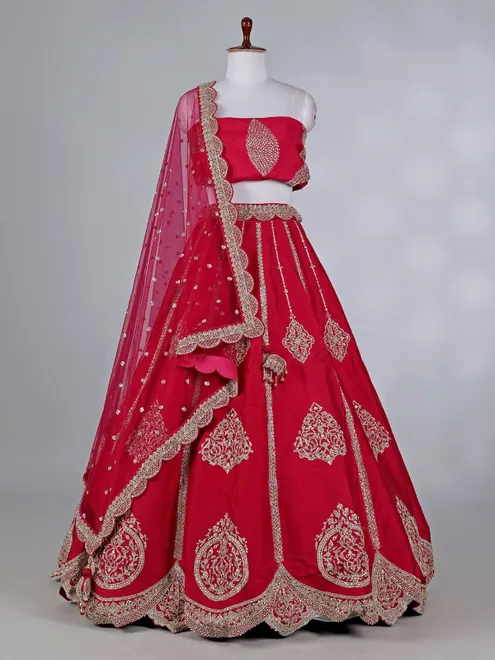 Red raw silk bridal lehenga choli with resham work