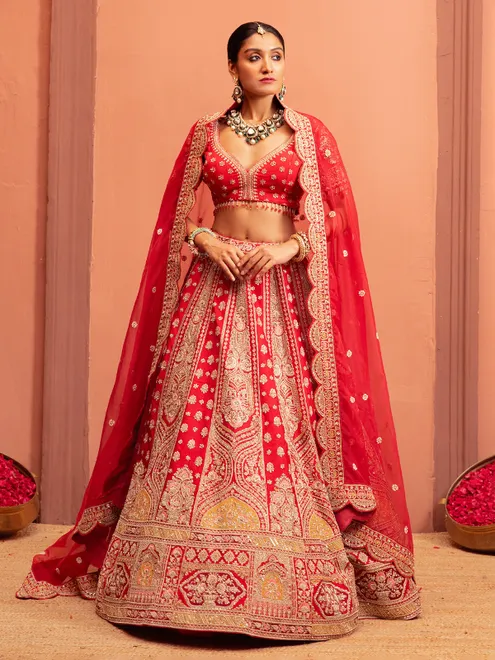 Red raw silk bridal lehenga choli with sweetheart neckline