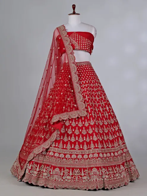 Red raw silk bridal lehenga choli with thread work