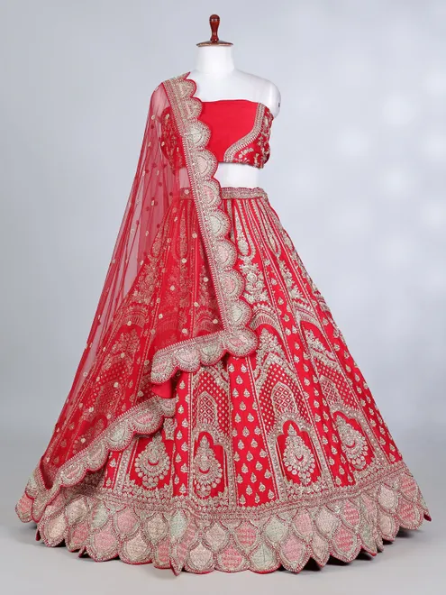 Red raw silk cutdana and resham bridal lehenga choli