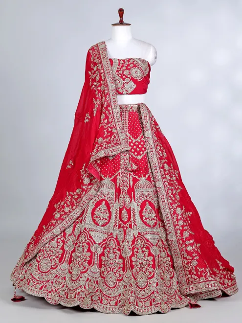 Red raw silk resham and cutdana bridal lehenga choli