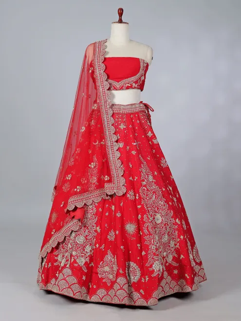Red raw silk stone work bridal lehenga