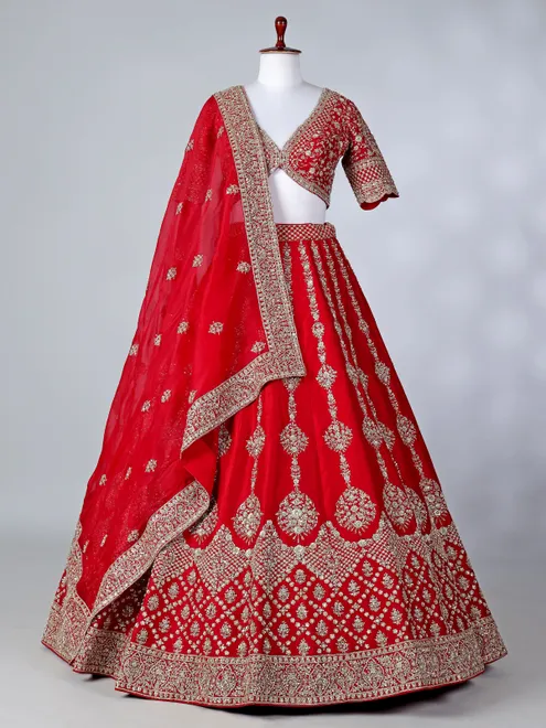 Red raw silk V neck bridal lehenga choli with dupatta
