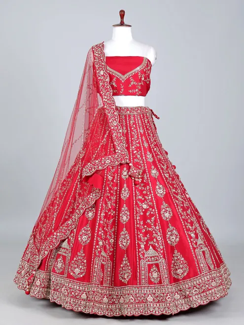 Red raw silk zardosi and beaded bridal lehenga choli