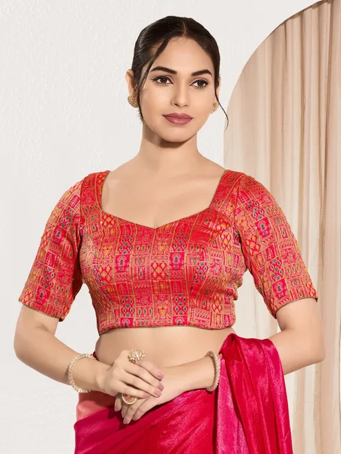 Red ready made blouse in jacquard