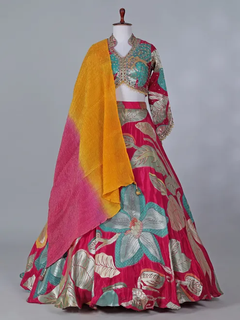 Red sangeet wear printed silk lehenga choli