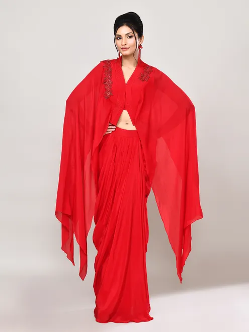 Red satin designer indo western suit
