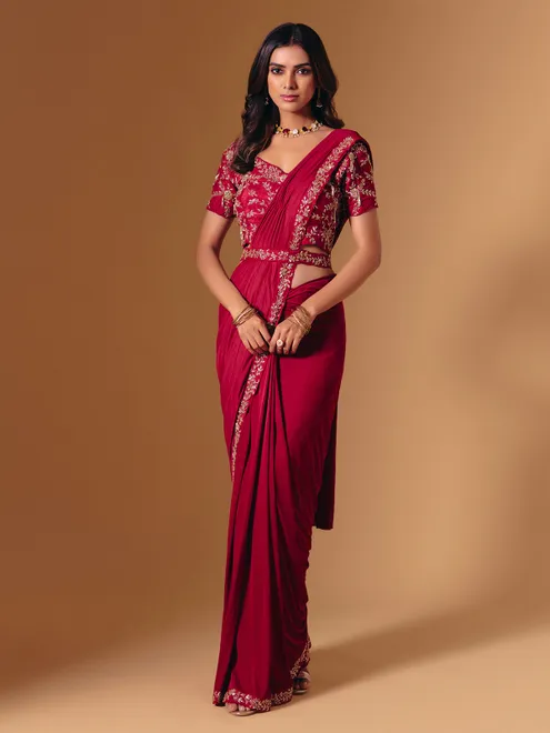 Red satin lycra saree with dazzling cutdana accents