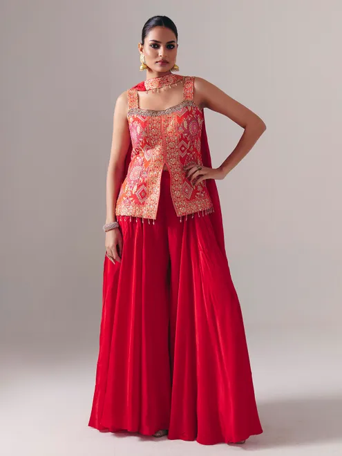 Red satin silk palazzo suit for wedding wear