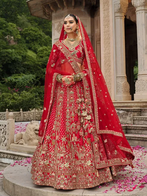 Red silk bridal lehenga choli with sequina and resham shine