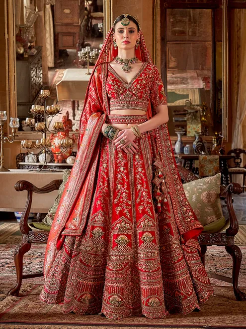 Red silk bridal lehenga choli with sequins detailing
