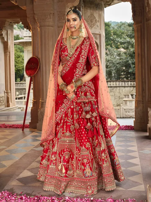 Red silk bridal lehenga choli with sequins embellishment