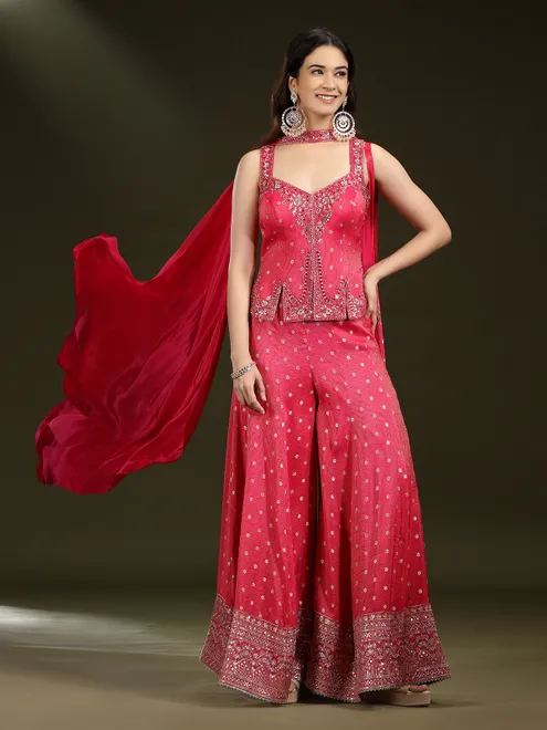 Red silk bridal palazzo salwar suit