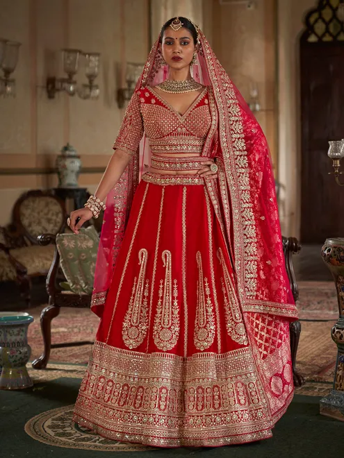 Red silk bridal lehenga choli with resham embroidery