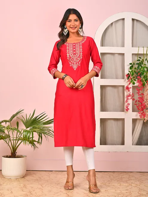 Red silk casual kurti with zari