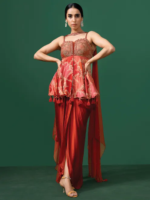 Red silk designer indowestern for women