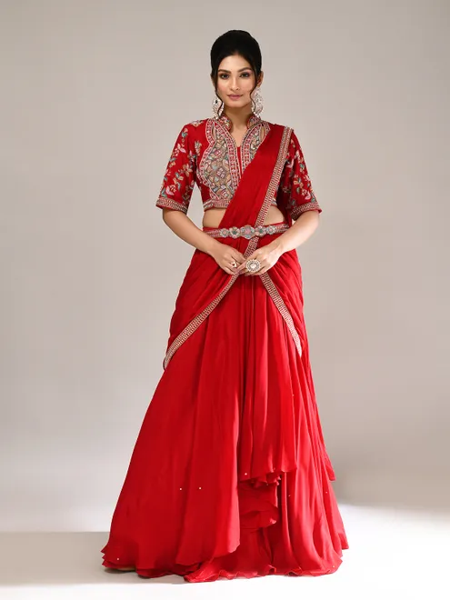 Red silk designer lehenga choli with attached dupatta