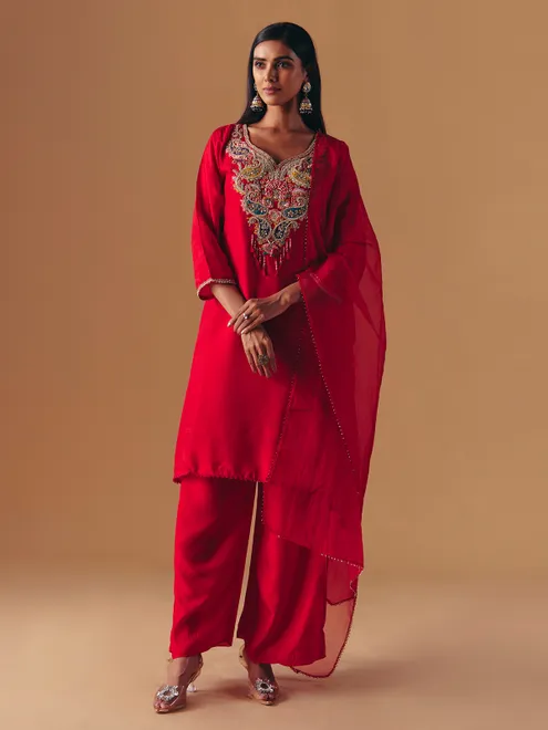 Red silk elegant pakistani palazzo suit for wedding