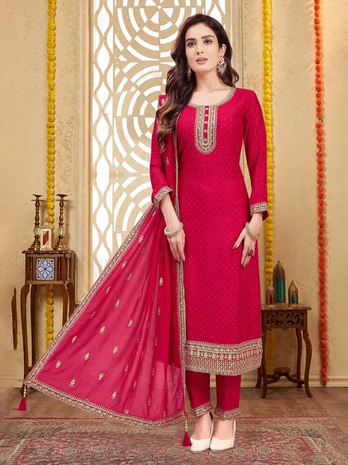 Red silk embellished straight cut salwar suit