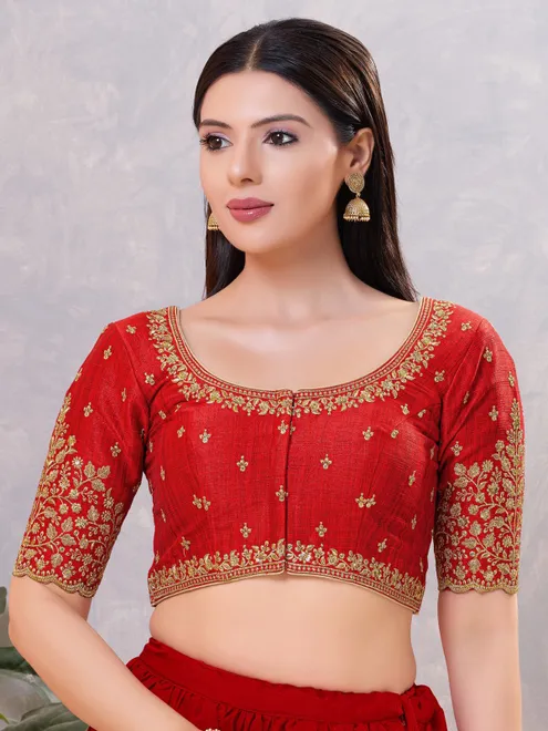 Red silk embroidered and sequin work front open blouse