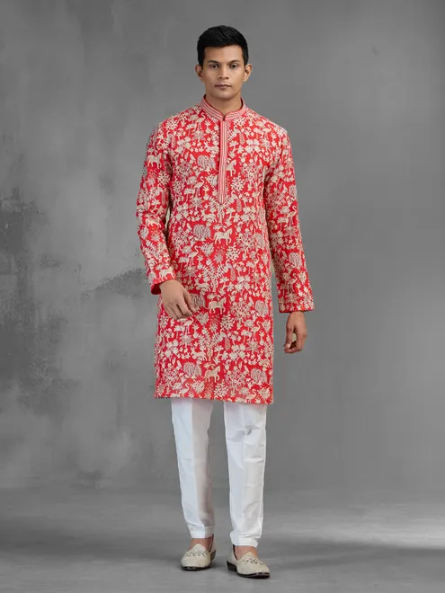 Red silk festive men kurta suit with embroidery