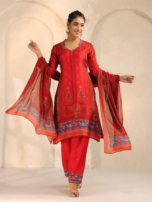 Red silk festive wear salwar suit with print