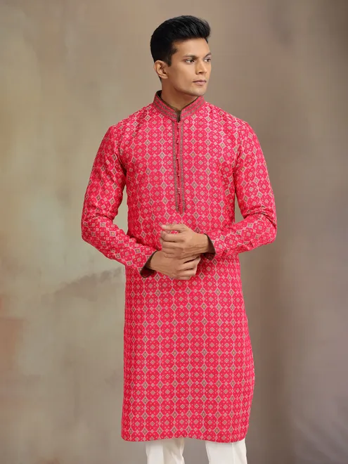 Red patola silk kurta pajama with print for festive wear