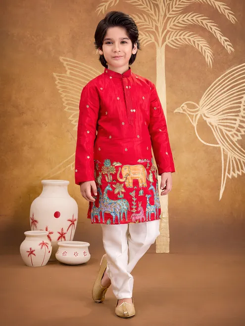 Red silk kurta suit with resham and sequins work