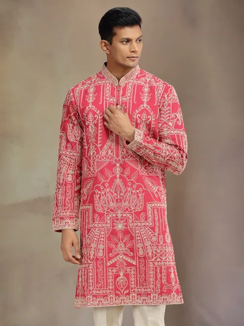 Red premium silk kurta suit with thread work