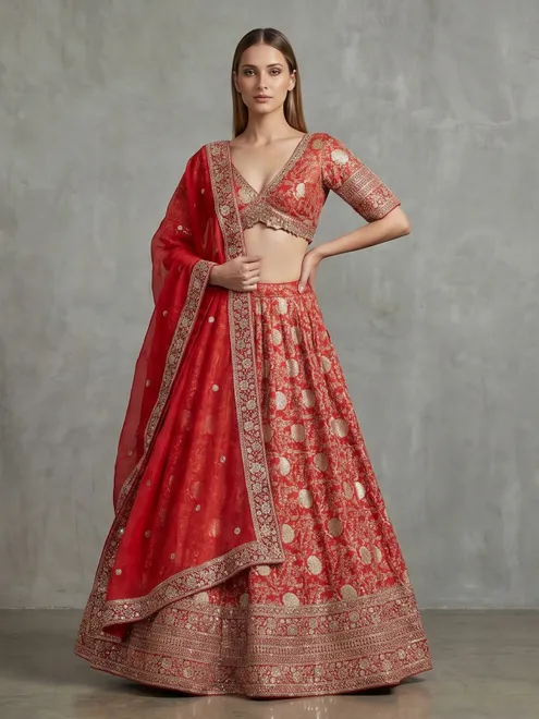 Red silk lehenga choli with ornate zardosi embellishments