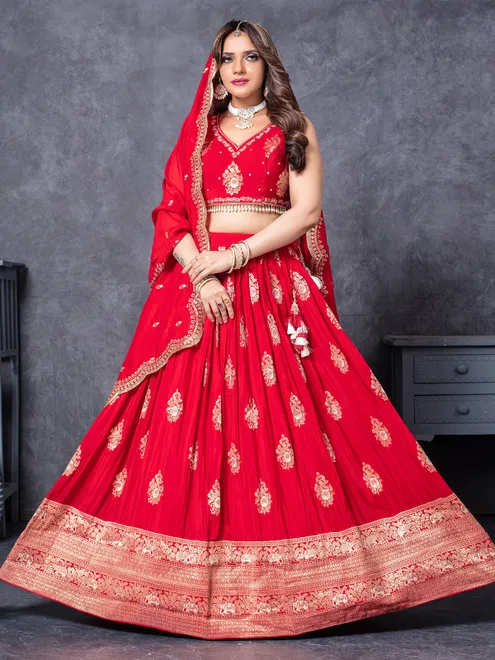 Red silk lehengac choli with zardosi embellishment