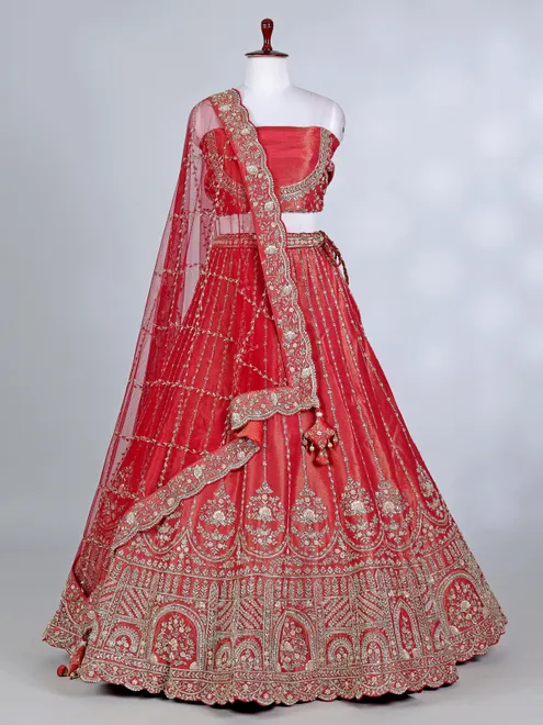 Red silk mirror and zardosi bridal lehenga choli