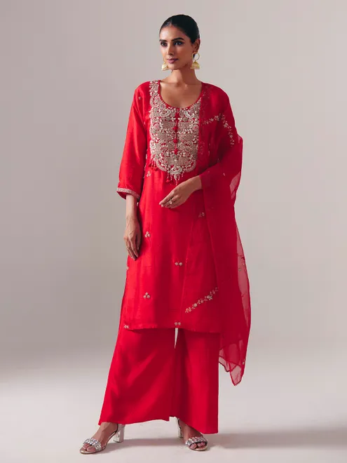 Red silk pakistani palazzo suit for festive