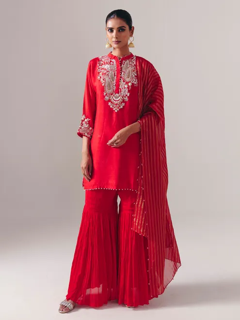 Red silk pakistani sharara suit for wedding