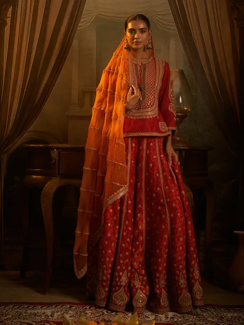 Red silk palazzo suit for wedding celebration