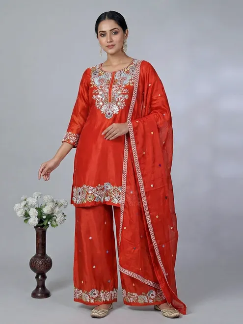 Red silk palazzo suit for women wedding celebration