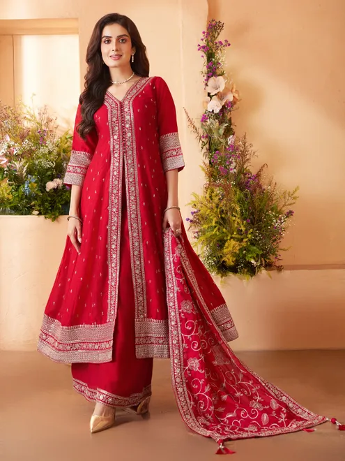 Red silk palazzo suit with timeless festive brilliance