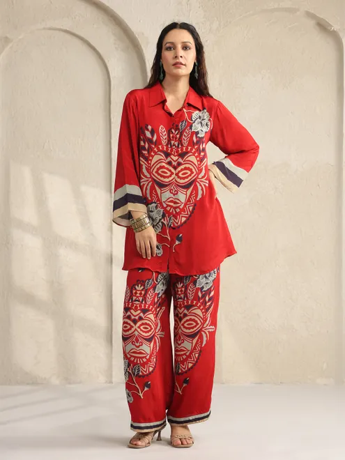 Red silk printed co ord set with collar neck