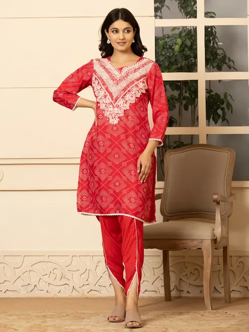 Red silk printed kurti set for women