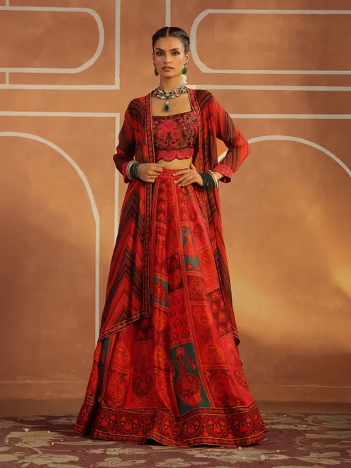 Red silk printed leghenga choli with long jacket