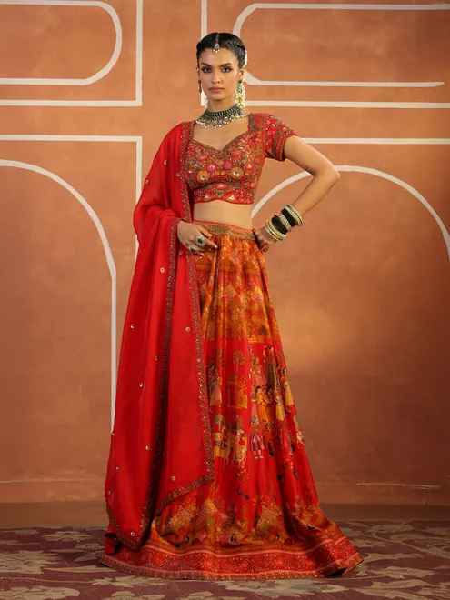 Red silk printed lehenga choli with dupatta