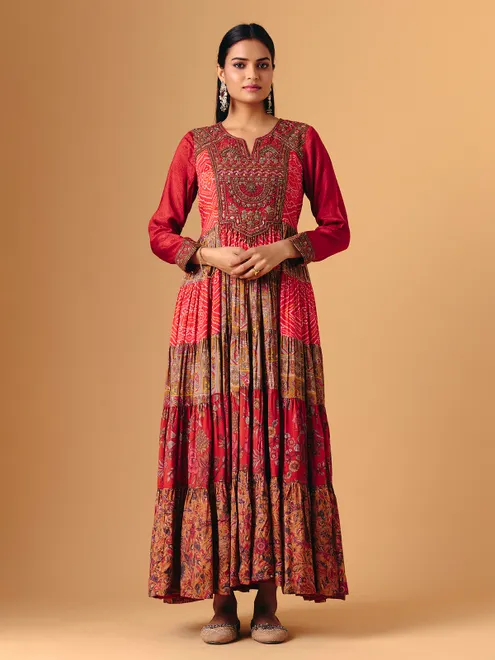 Red silk quarter sleeve anarkali for festive wear