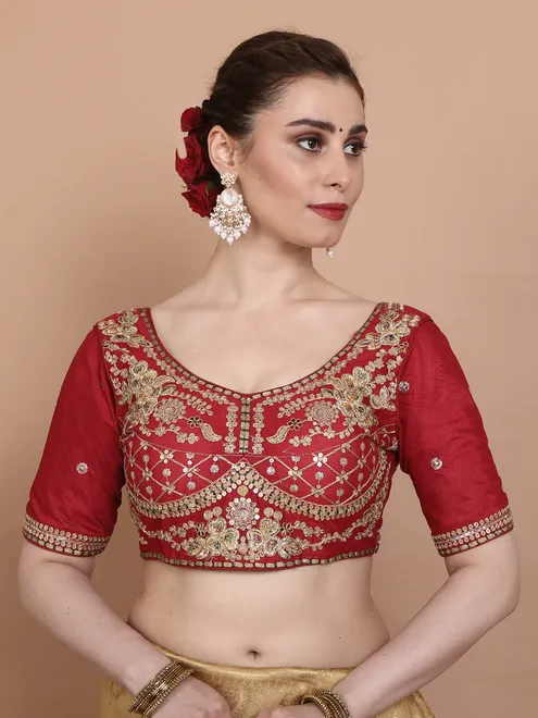 Red silk round neck embroidered ready made blouse
