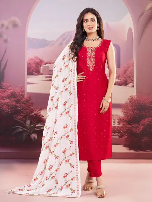 Red silk salwar suit with heritage zardosi festive glow